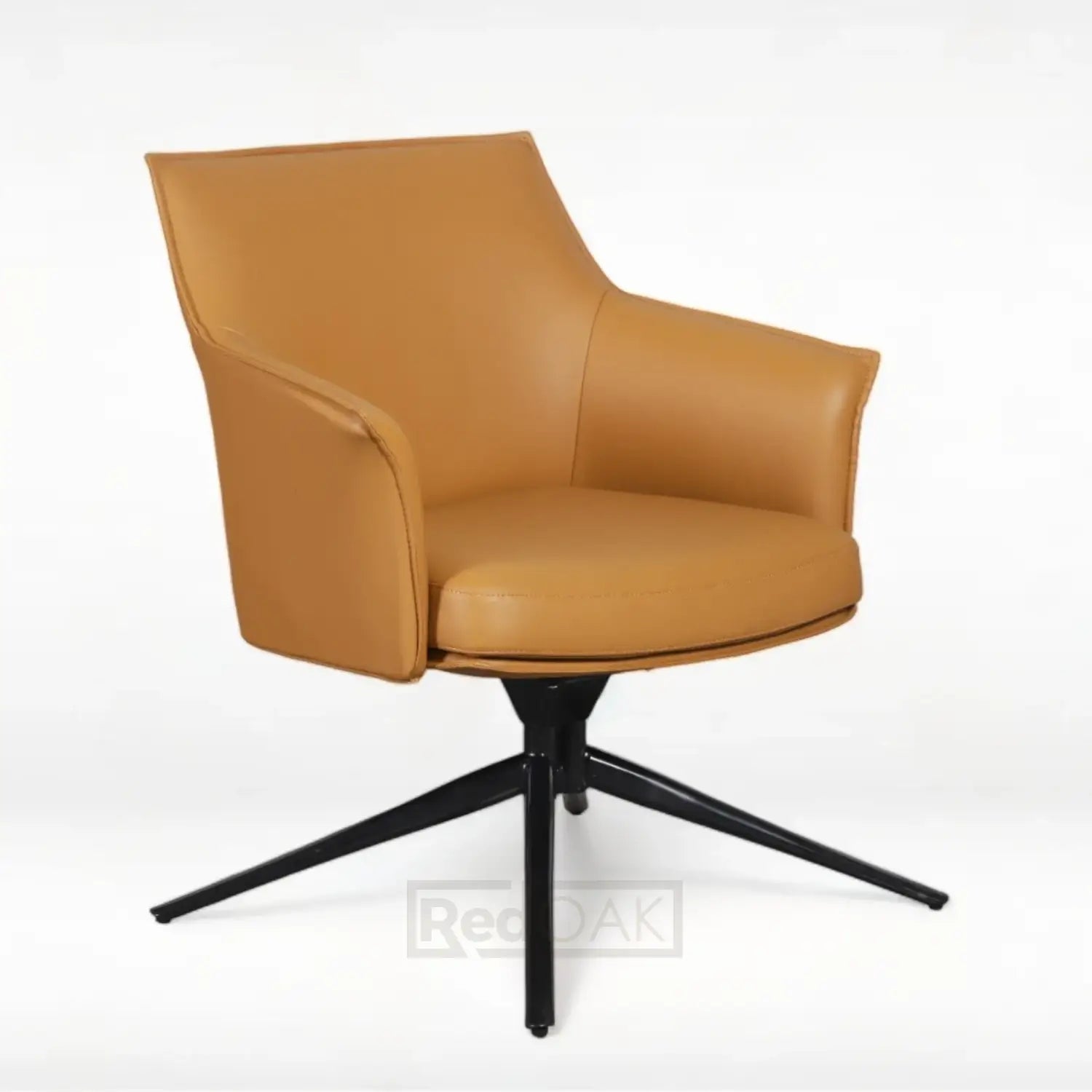 A brown leatherette lounge armchair with a classic mid-century design, featuring a five-pointed black metal base.