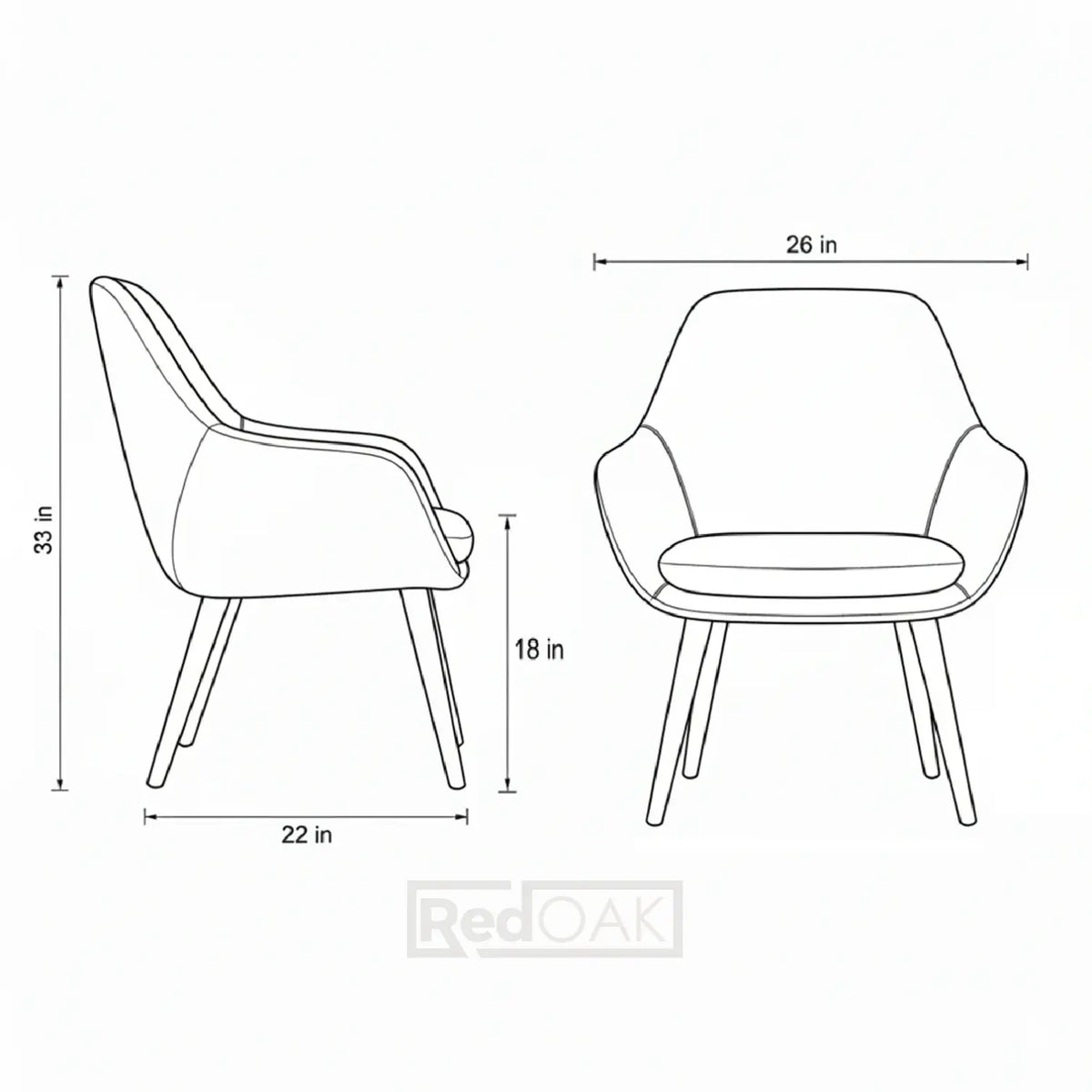 Line drawing of a chair with dimensions labeled