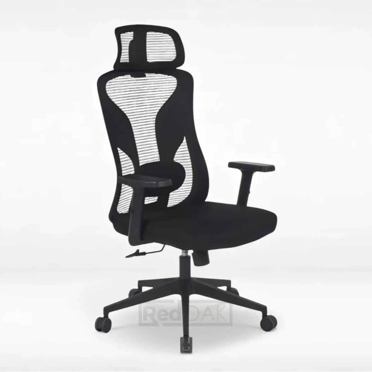 Black office chair with mesh back on a white background