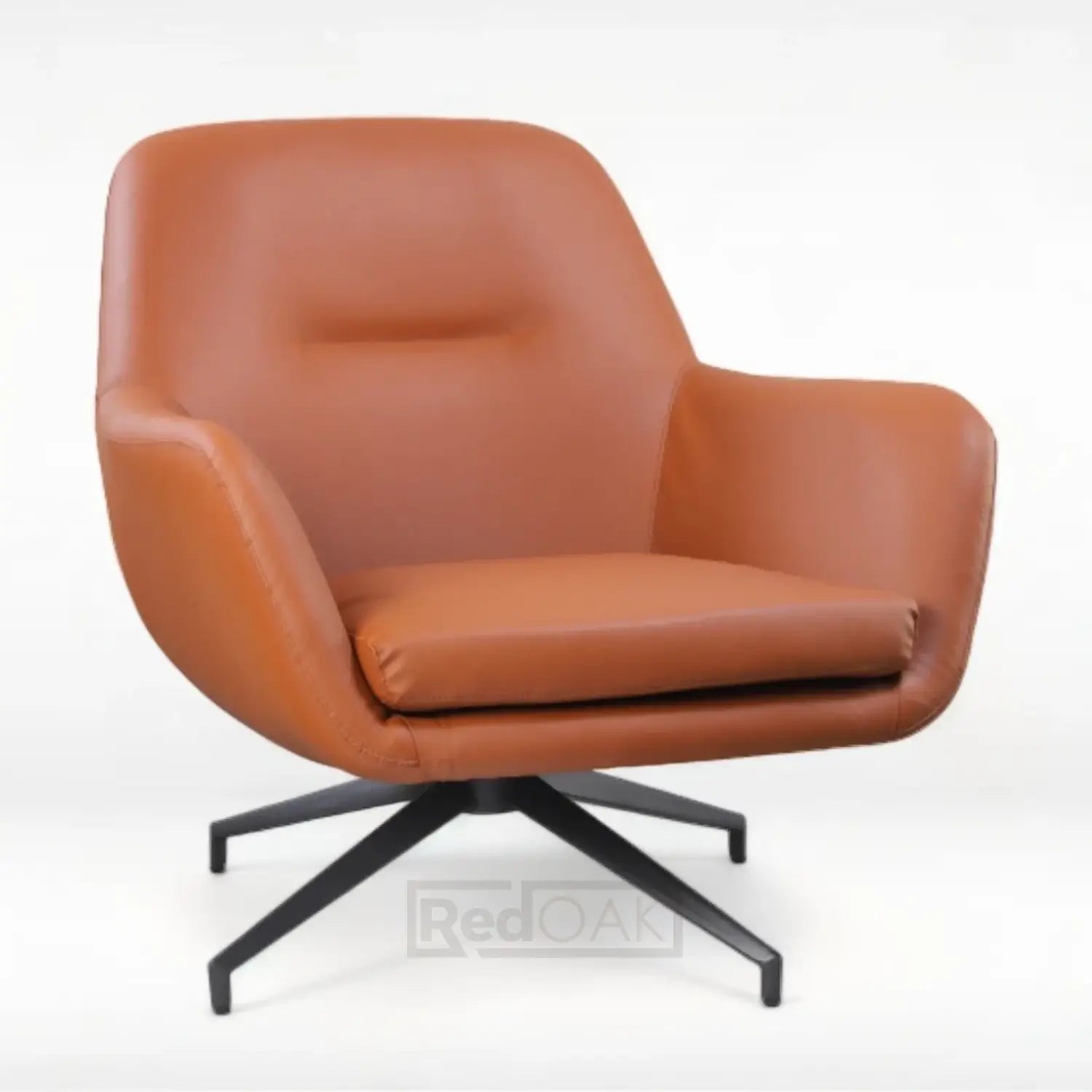 A brown swivel lounge armchair with a low height design and a metal base.