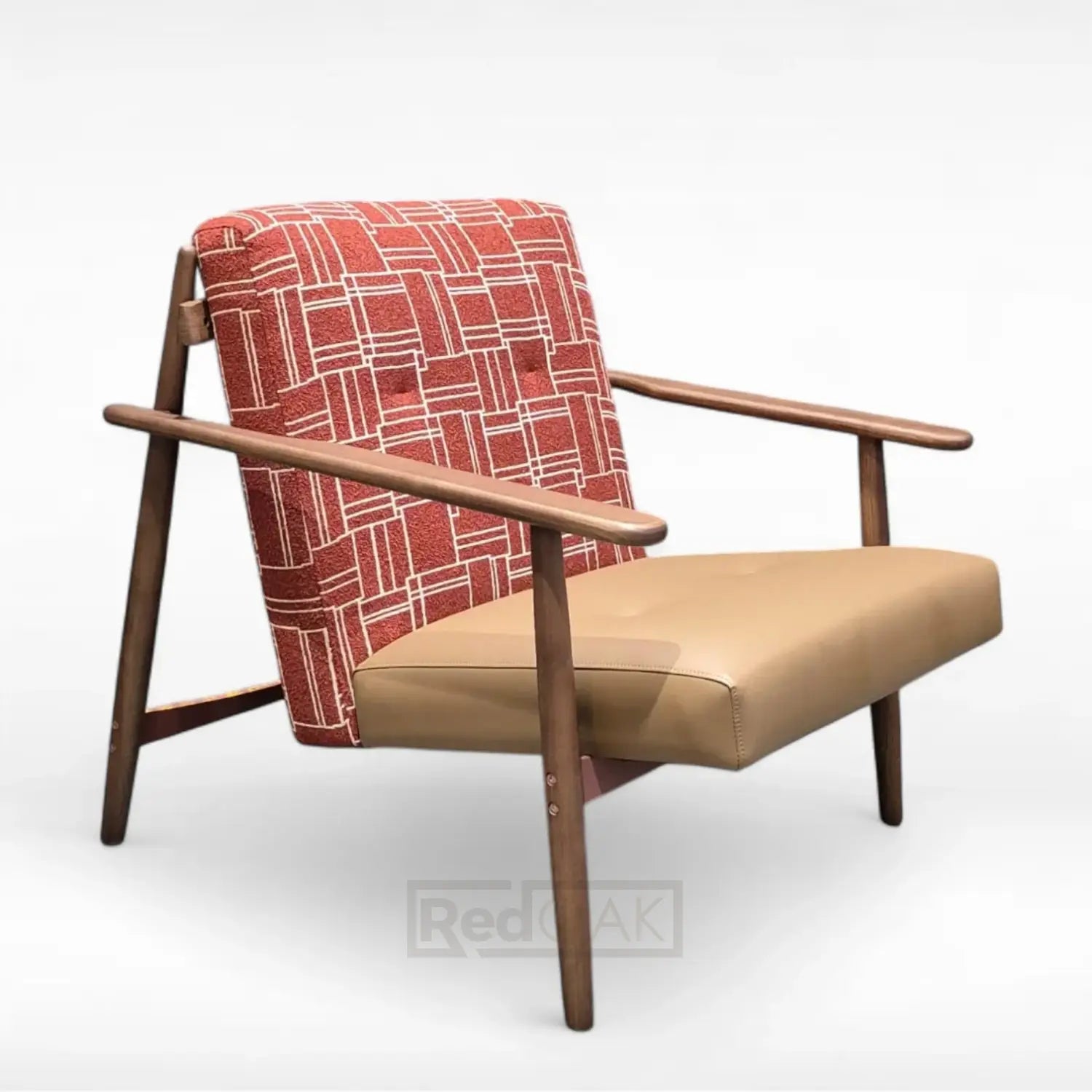 Chair with red patterned backrest and beige seat on a white background