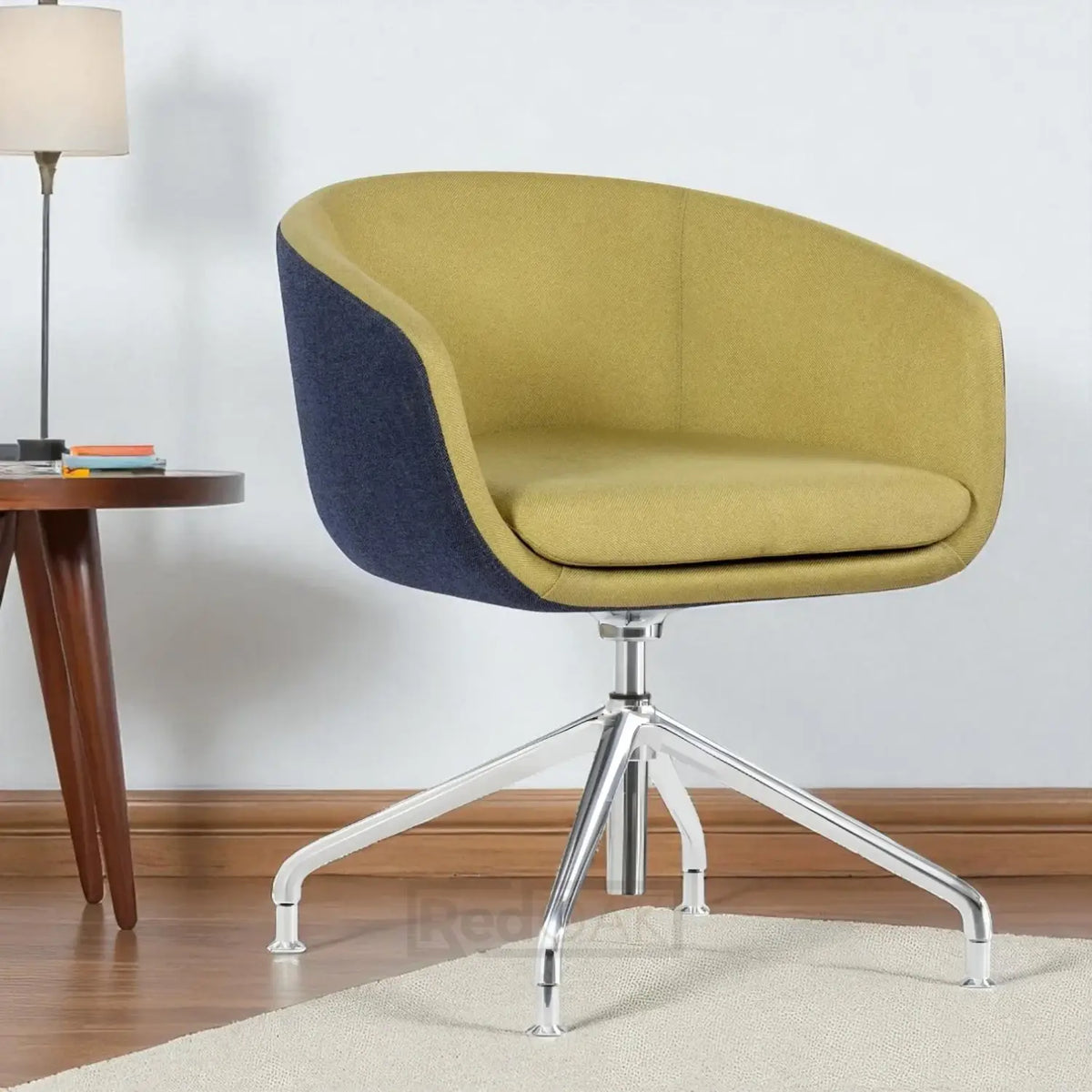 Modern chair with a yellow seat and blue backrest in a room setting.