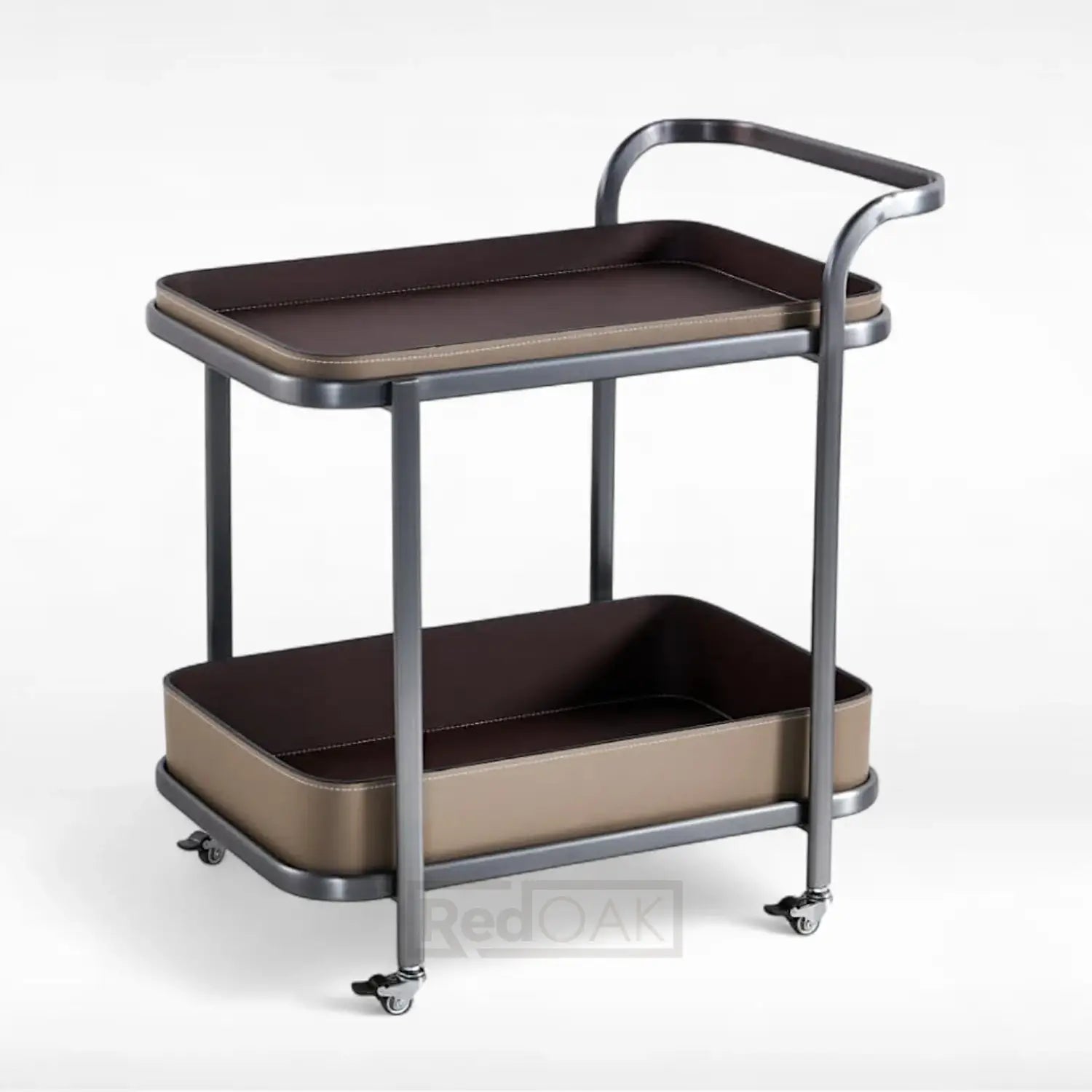 A stainless steel trolley with brown leather-upholstered trays and wheels, viewed from a slightly elevated angle.