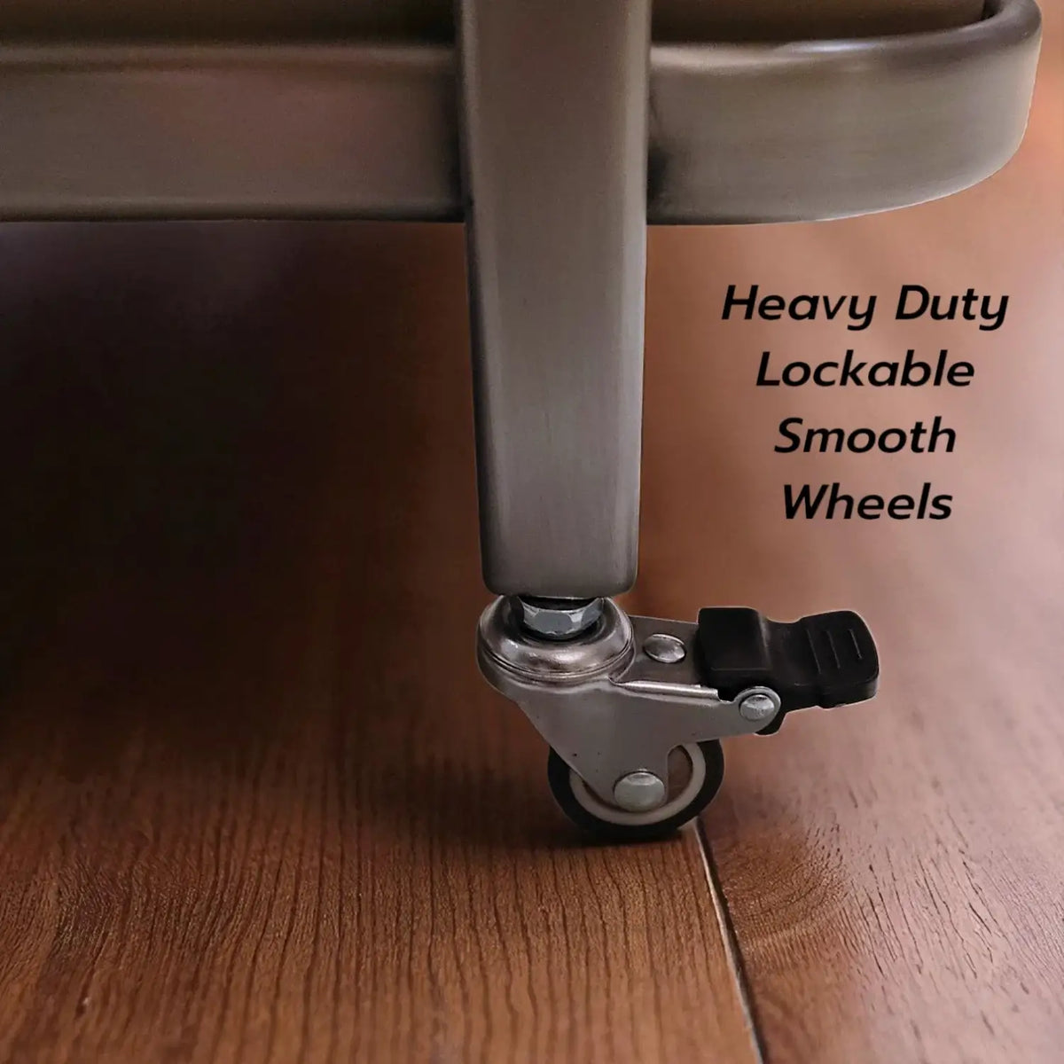 Heavy-duty lockable smooth wheel on a piece of furniture with text overlay.
