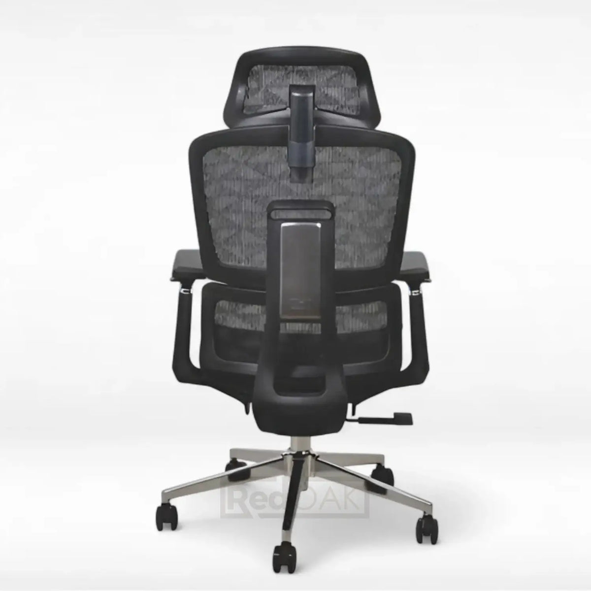 Black office chair with mesh backrest on a white background