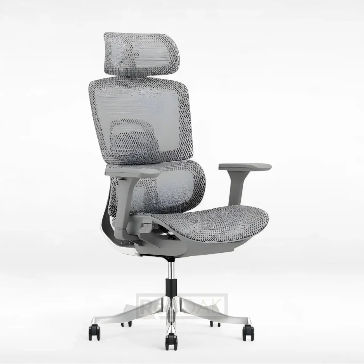 Gray mesh office chair with headrest on a white background