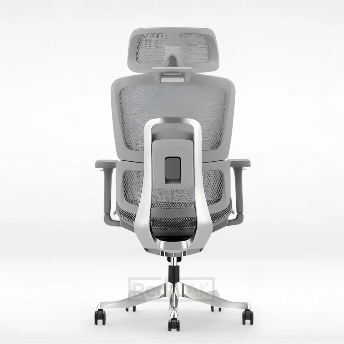 Gray office chair with mesh design on a white background