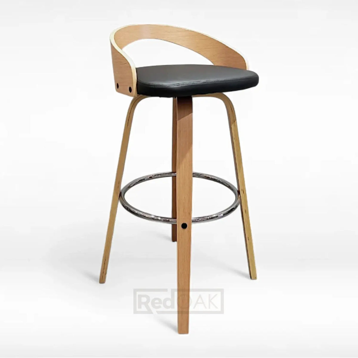 Bar stool with wooden frame and black seat on a white background