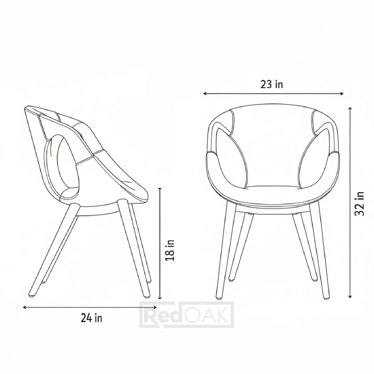 Line drawing of a chair with dimensions labeled