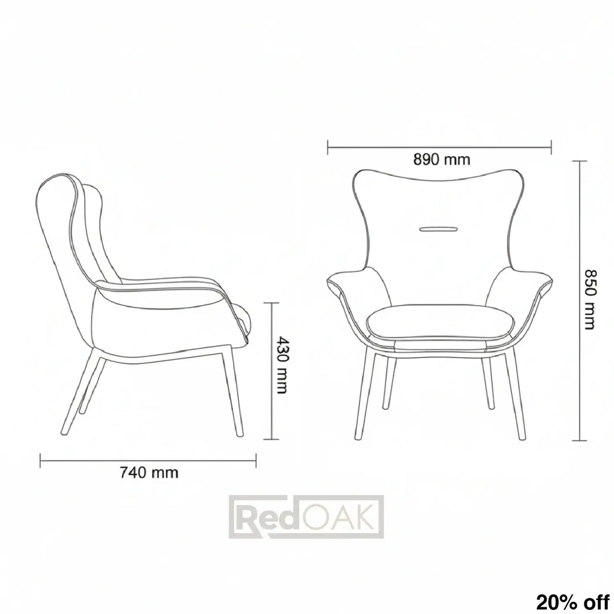 Technical drawing of a chair with dimensions labeled
