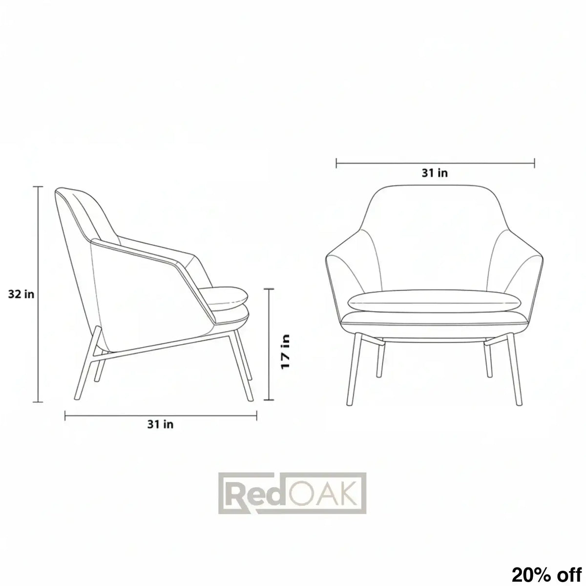 Line drawing of a chair with dimensions labeled, featuring the RedOAK brand.