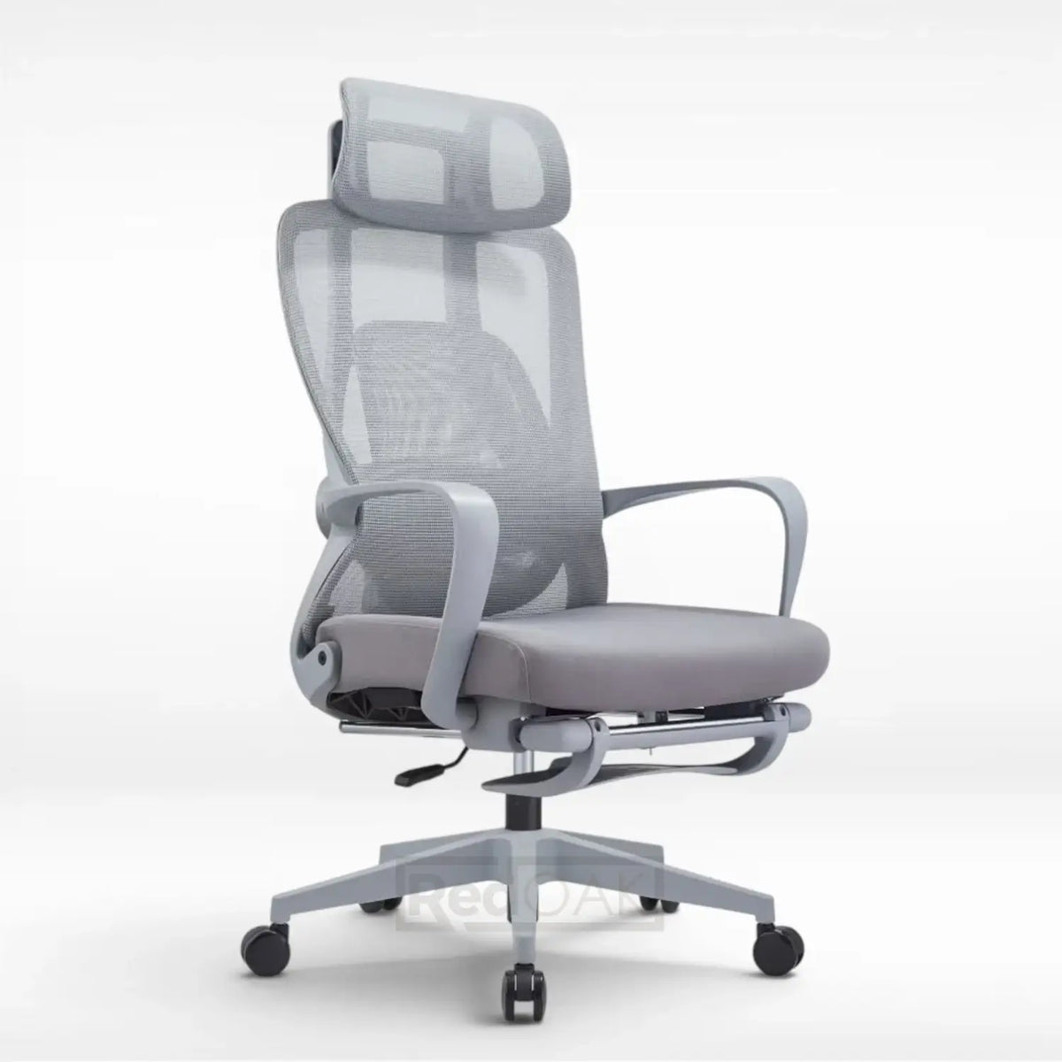 Gray office chair with mesh back on a white background