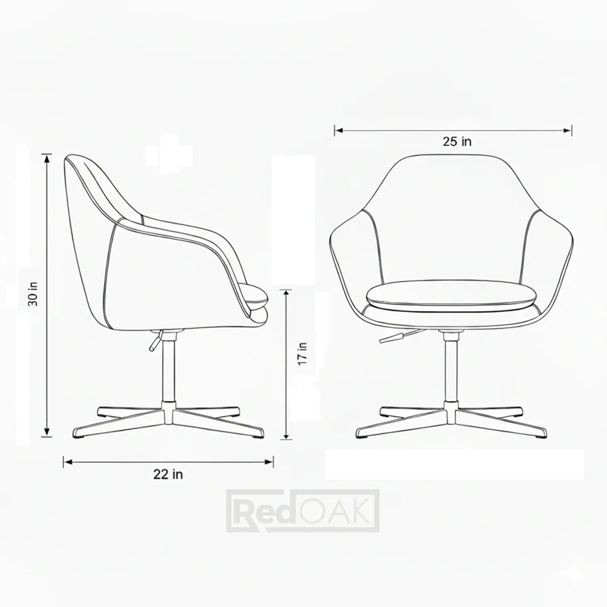 Measurement chart of a chair with dimensions labeled, featuring the RedOAK brand.