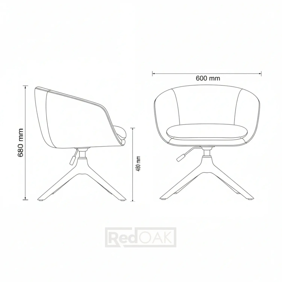 Line drawing of a chair with dimensions labeled