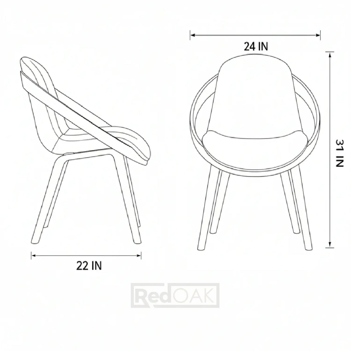 Line drawing of a chair with dimensions labeled