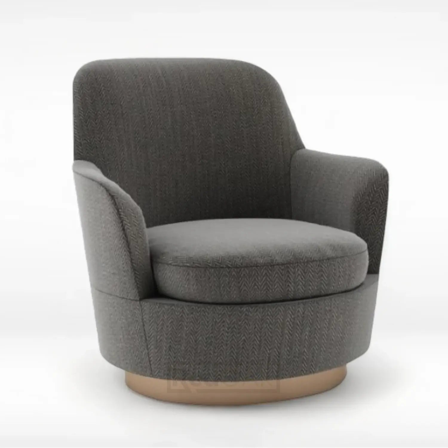 A modern gray upholstered armchair with a wooden frame and a cushioned seat and backrest.