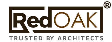 Red Oak logo with the text 'RedOAK' in dark brown and tan inside a rectangular outline, with 'TRUSTED BY ARCHITECTS' below on a white background.