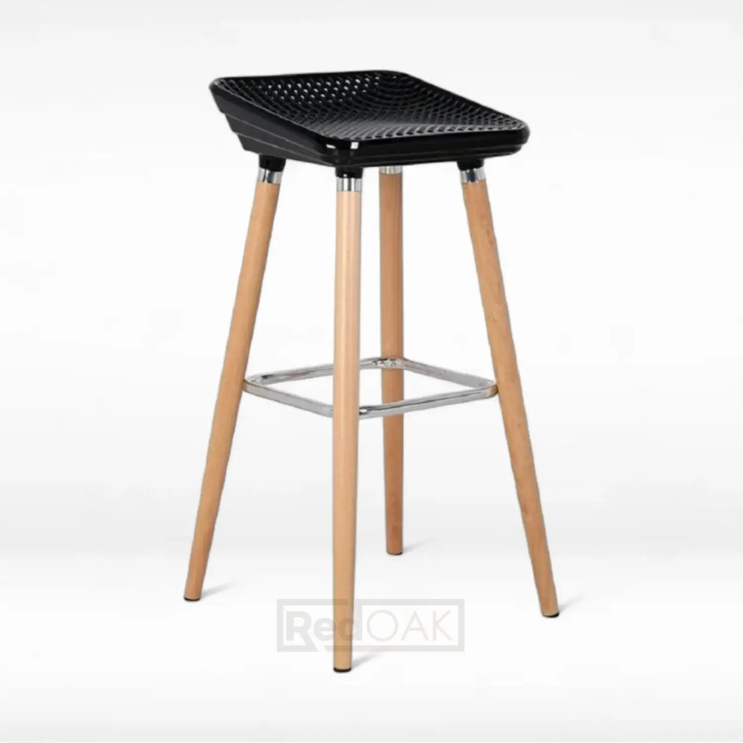A modern high stool with a black back-less seat and solid wood legs.