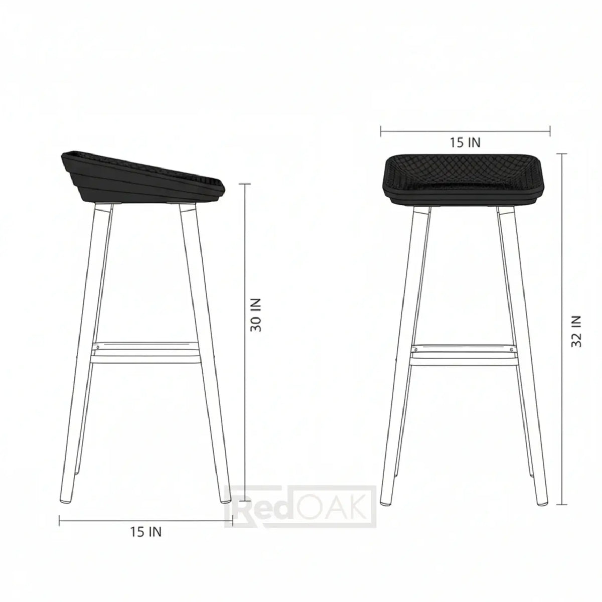 Black bar stool with dimensions on a white background