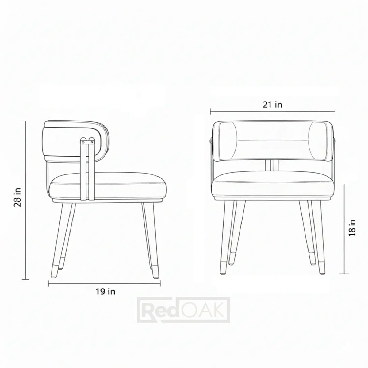 Line drawing of a chair with dimensions labeled on a white background