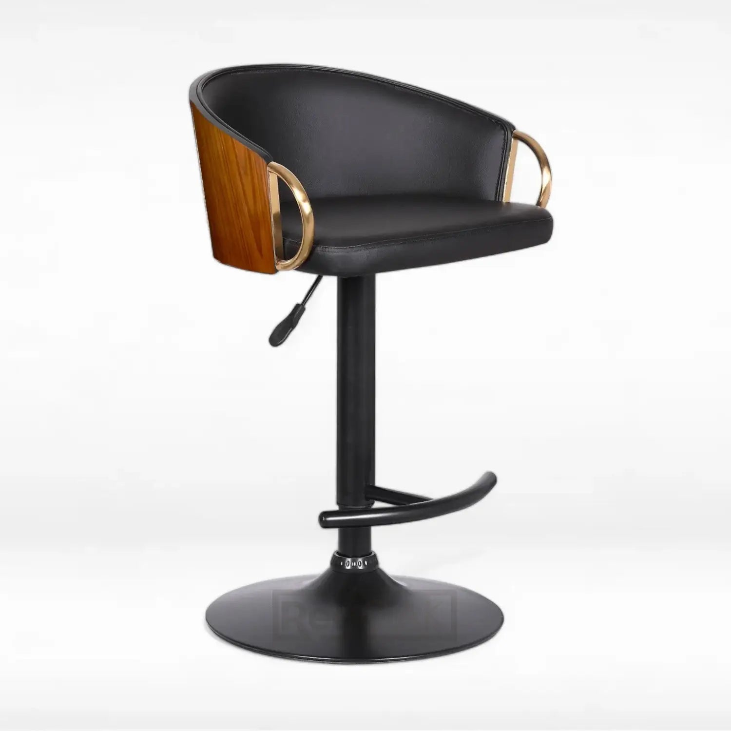A black finished metal based bar stool with a black leatherette upholstered seat and wooden accents on the armrests.