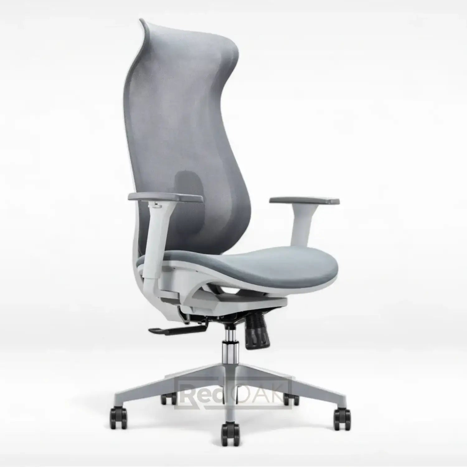 A modern office chair with a gray mesh back, black seat, and white frame and armrests, set against a white background.