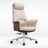 Beige office chair with wooden finished armrests on a white background