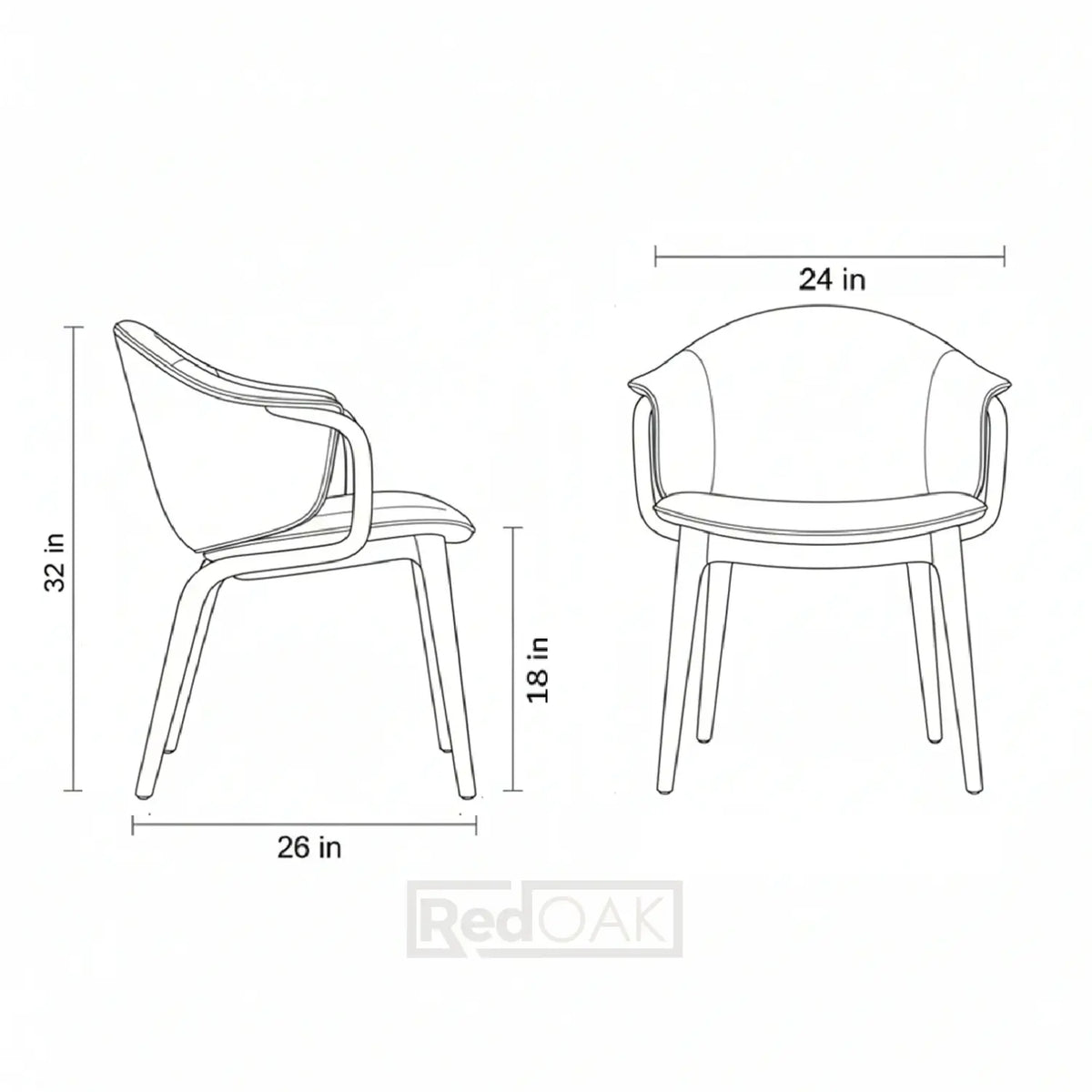 Line drawing of a chair with dimensions labeled on a white background