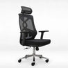 Black office chair with mesh back and chrome base on a white background