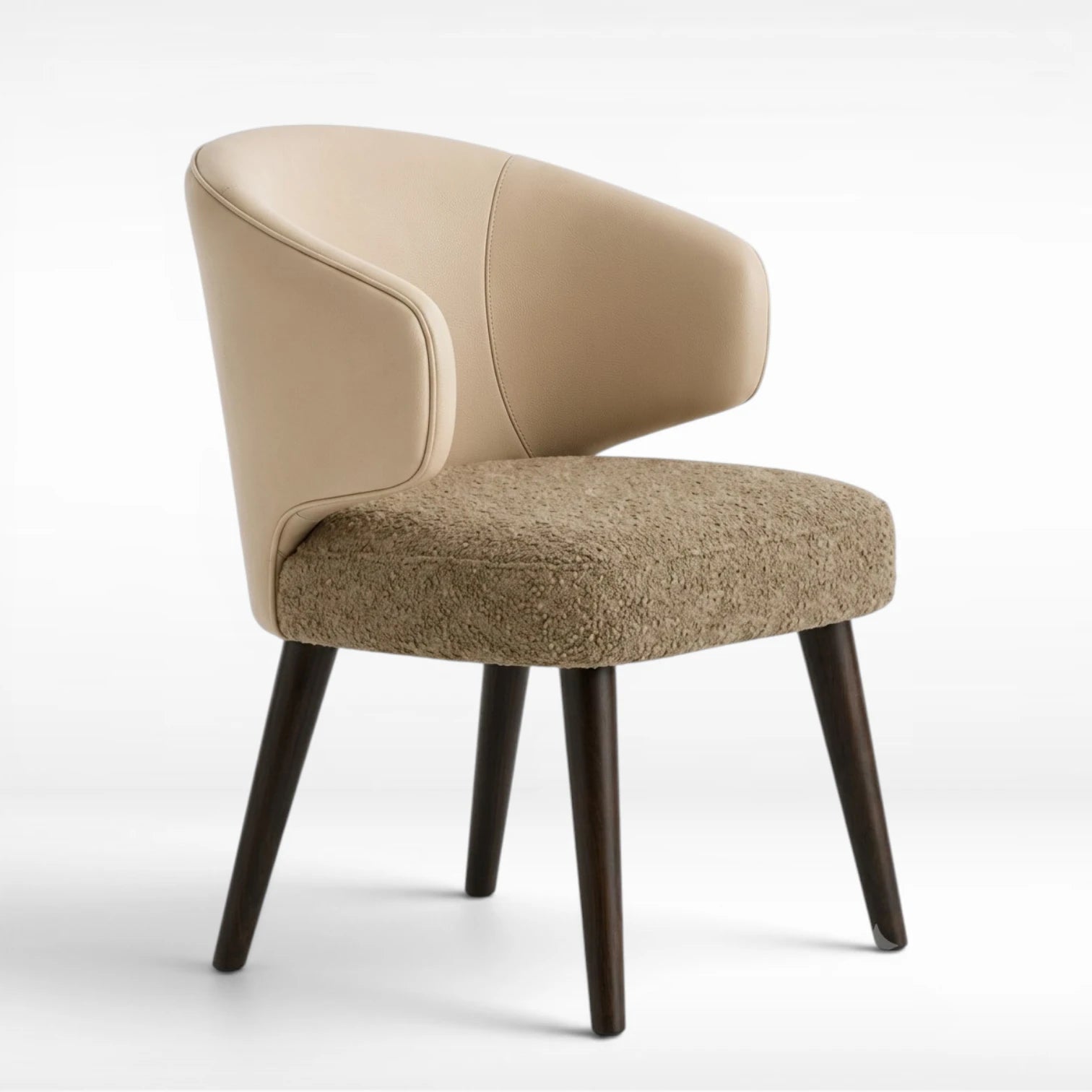 A modern accent chair with a curved beige leather backrest, a textured taupe bouclé seat cushion, and dark brown tapered wooden legs, shown on a light gray studio background.