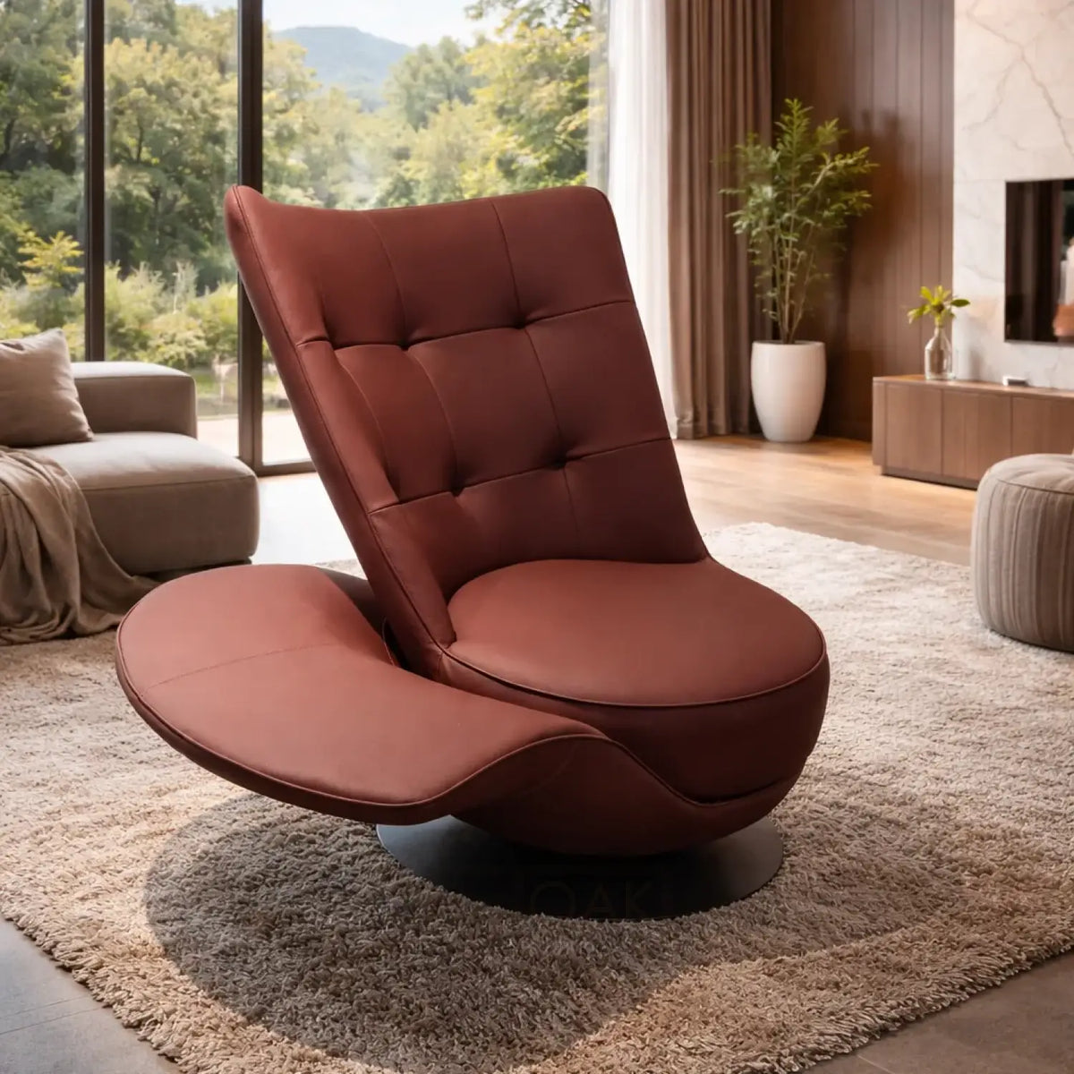 Red ergonomic chair in a modern living room with a view of trees.