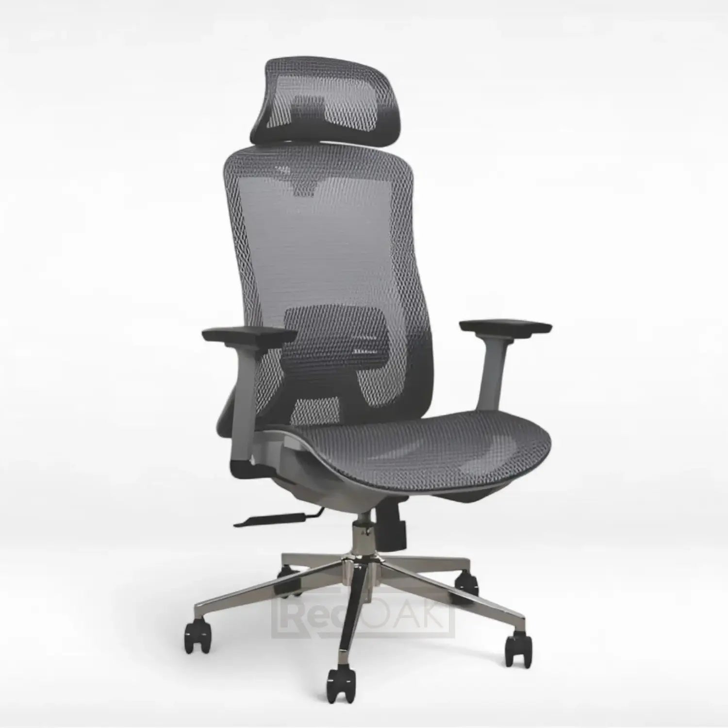 Gray office chair with mesh back and adjustable arms on a white background