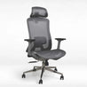 Gray office chair with mesh back and adjustable arms on a white background