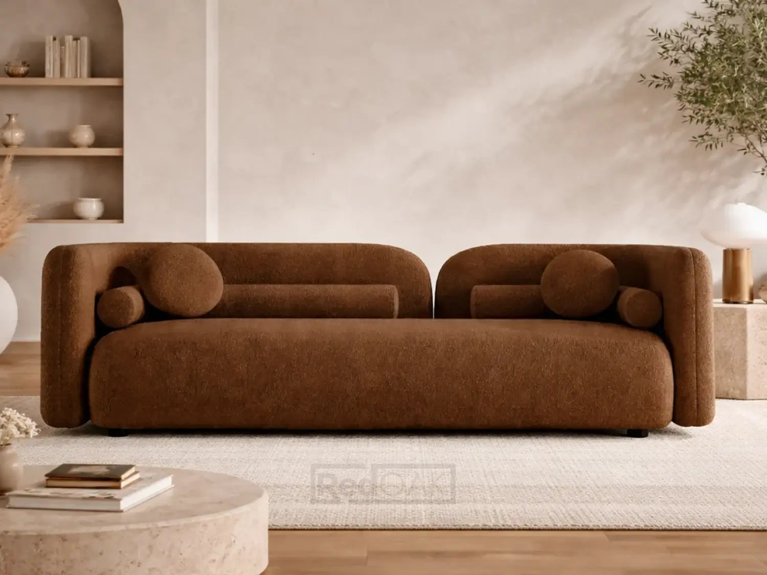 Brown sofa in a modern living room with a neutral color palette