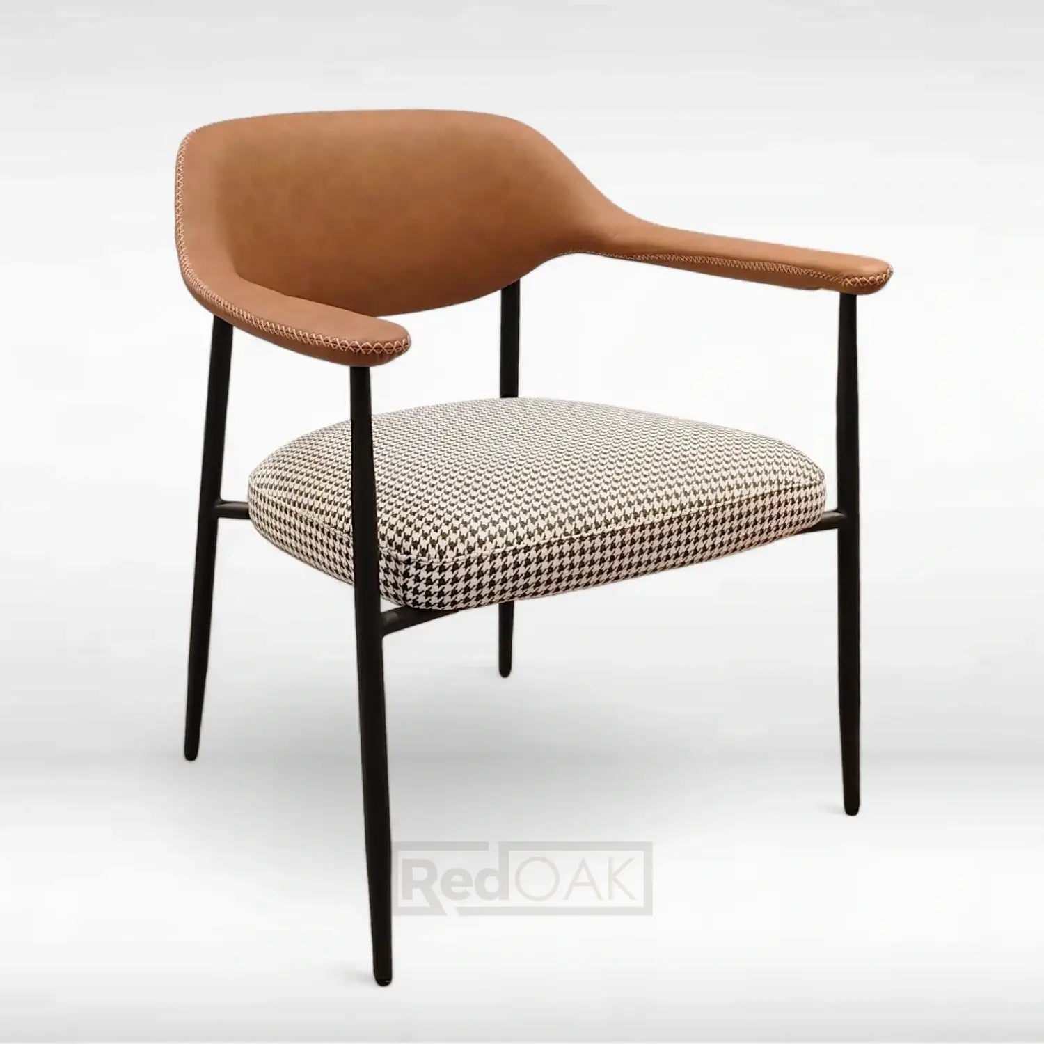 Chair with brown backrest and patterned seat on a white background