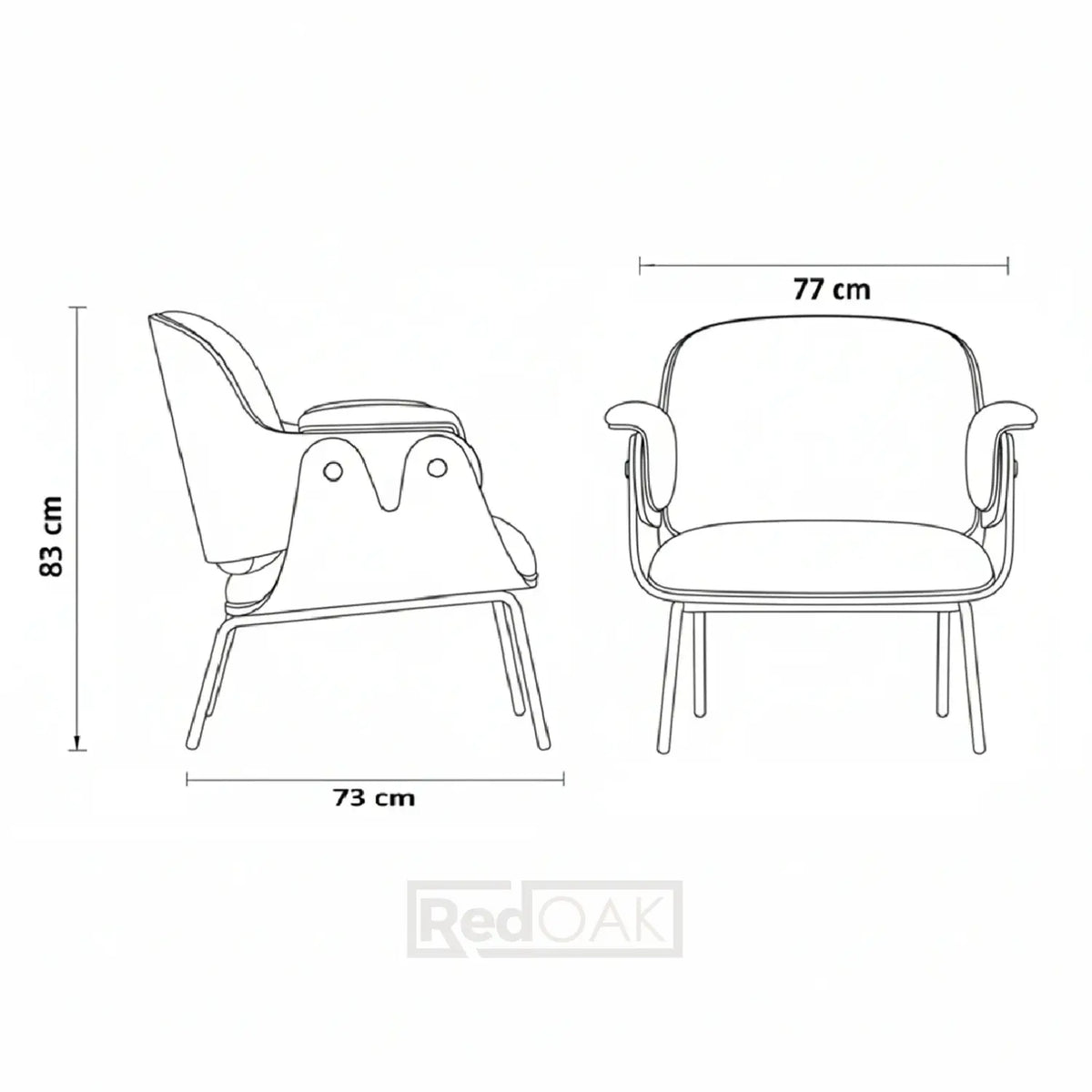 Line drawing of two chairs with dimensions labeled on a white background
