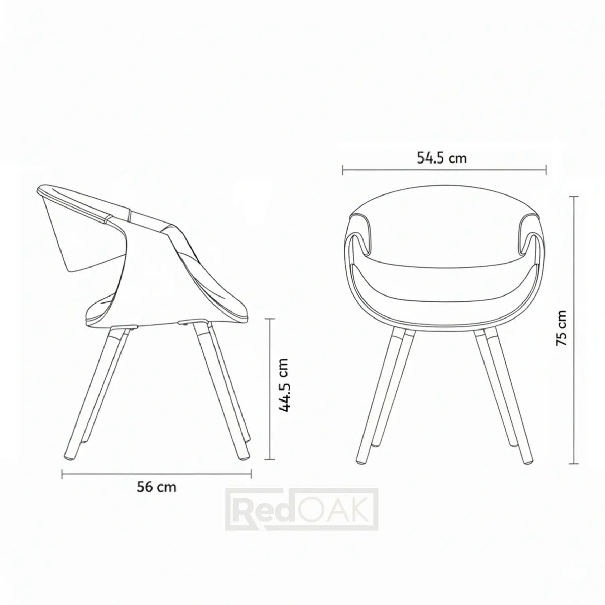 Line drawing of a chair and stool with dimensions labeled