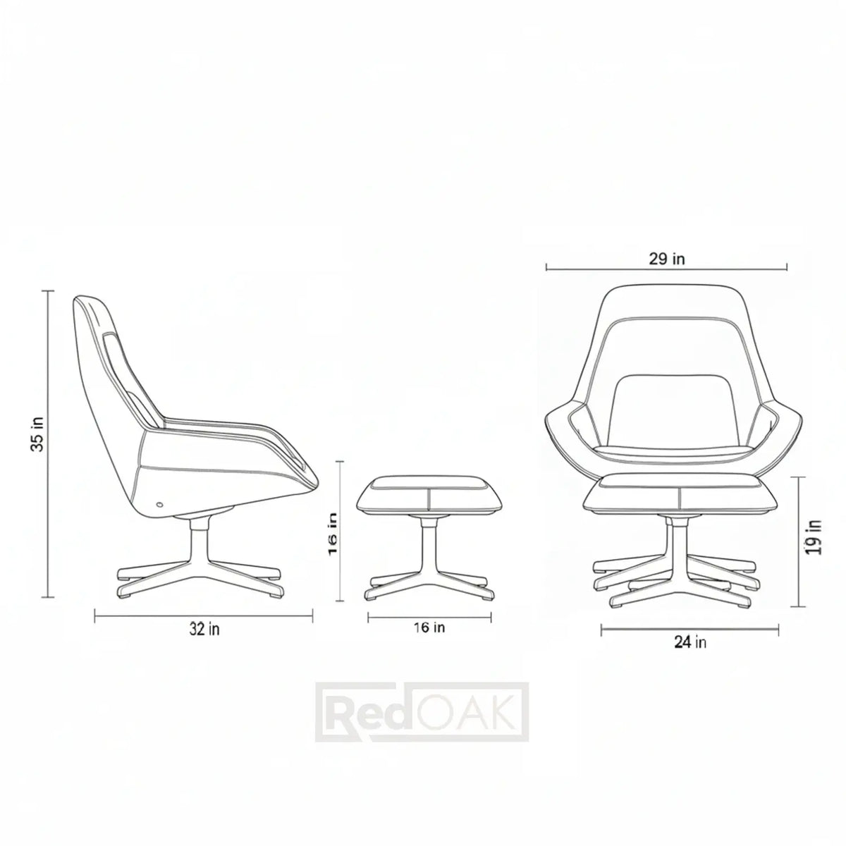 Dimensions of a chair and ottoman on a white background