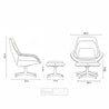 Dimensions of a chair and ottoman on a white background