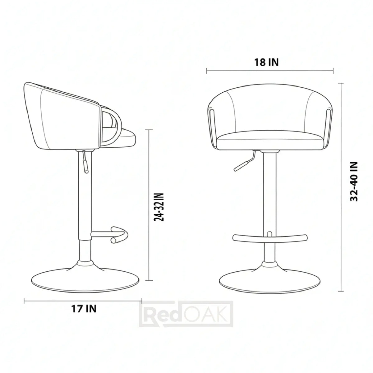 Line drawing of two bar stools with dimensions indicated.
