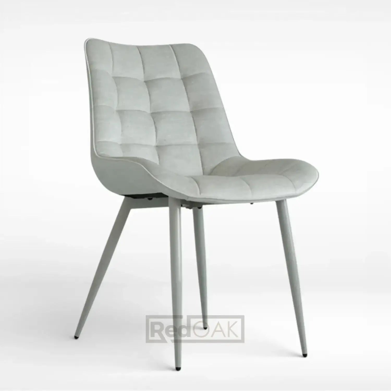 Gray checkered fabric cafe dining chair with tufting, grey metal legs