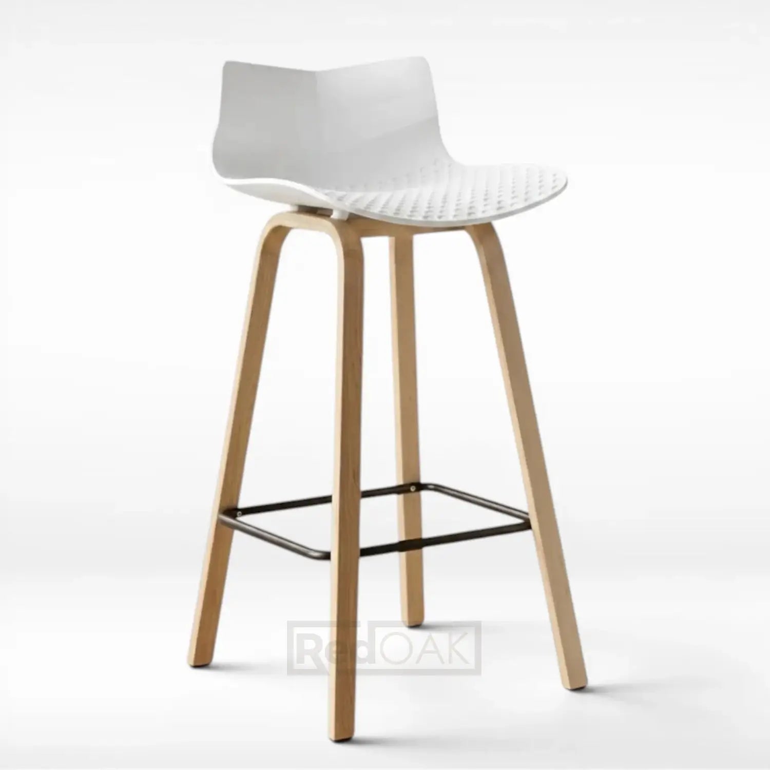 Bar stool with white seat and wood coated metal legs