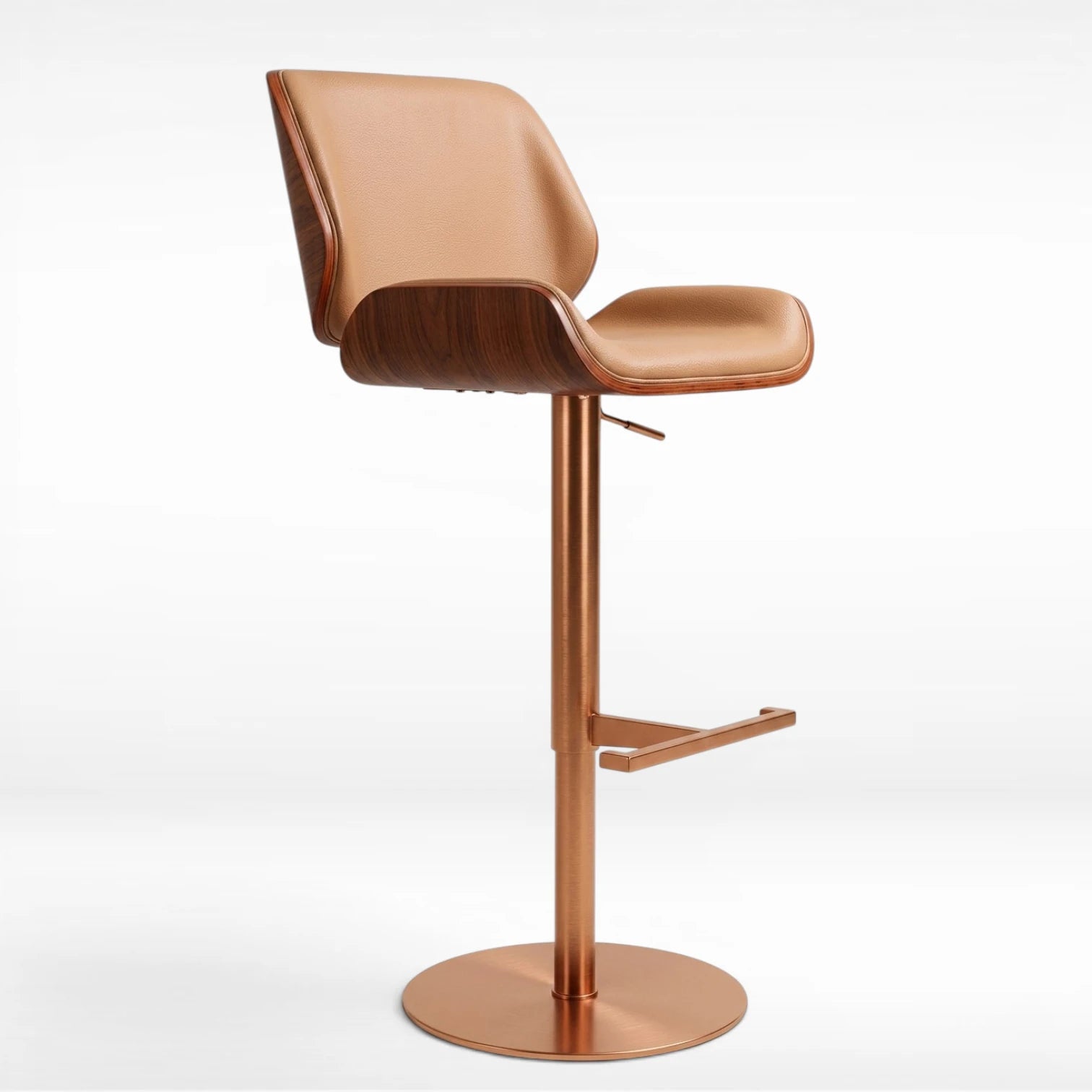 A modern swivel bar stool with a curved backrest and seat upholstered in a warm tan leather-like material, supported by a metallic copper-toned swivel base with a footrest.