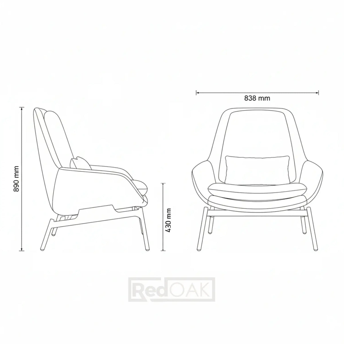Line drawing of a chair with dimensions labeled on a white background