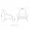 Line drawing of a chair with dimensions labeled on a white background
