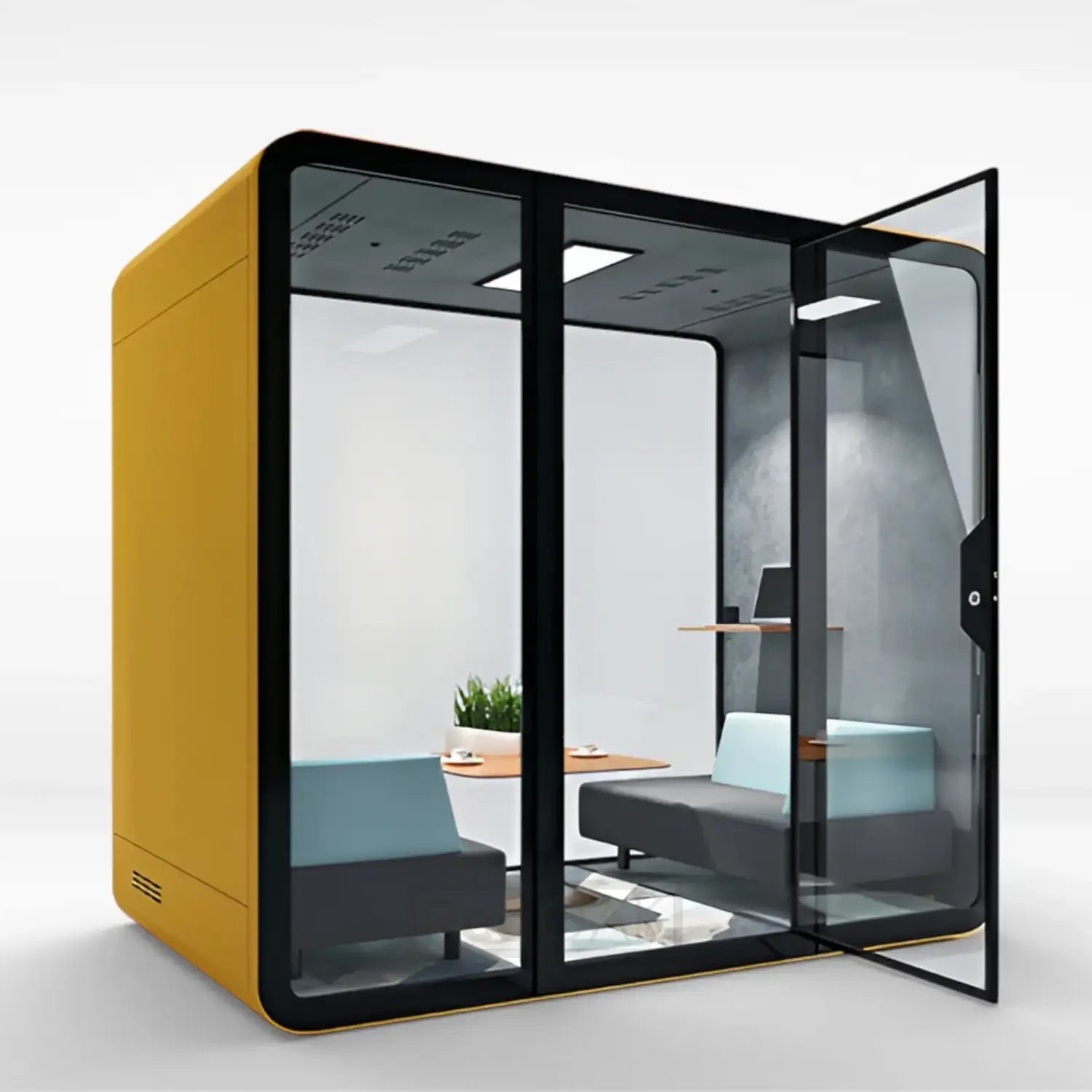Modern glass office pod with yellow frame on a white background