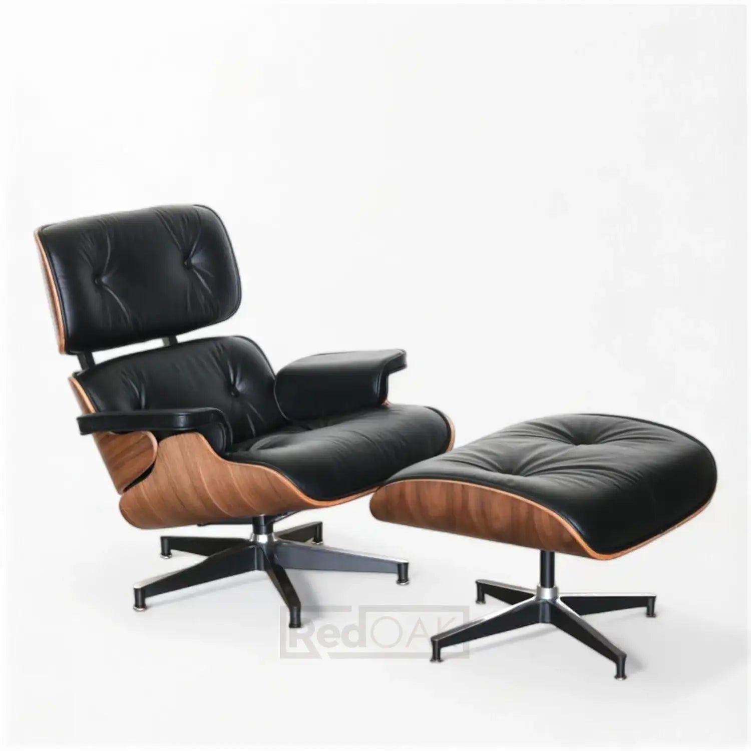 A black upholstered chair with a footrest, featuring a wooden frame and a swivel base.