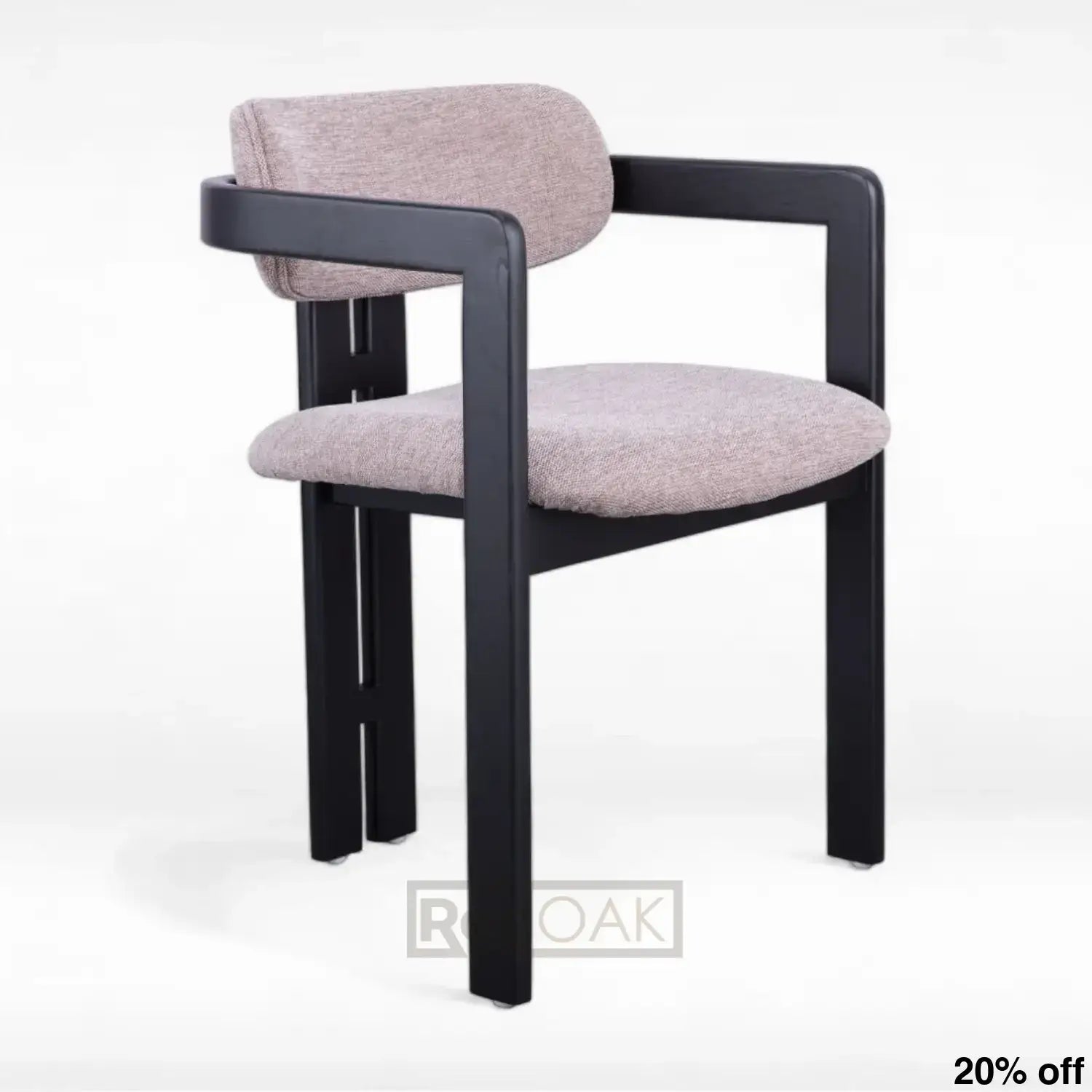 A mid-century modern design dining chair with a gray fabric seat and black frame made of white ash wood.