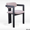 A mid-century modern design dining chair with a gray fabric seat and black frame made of white ash wood.