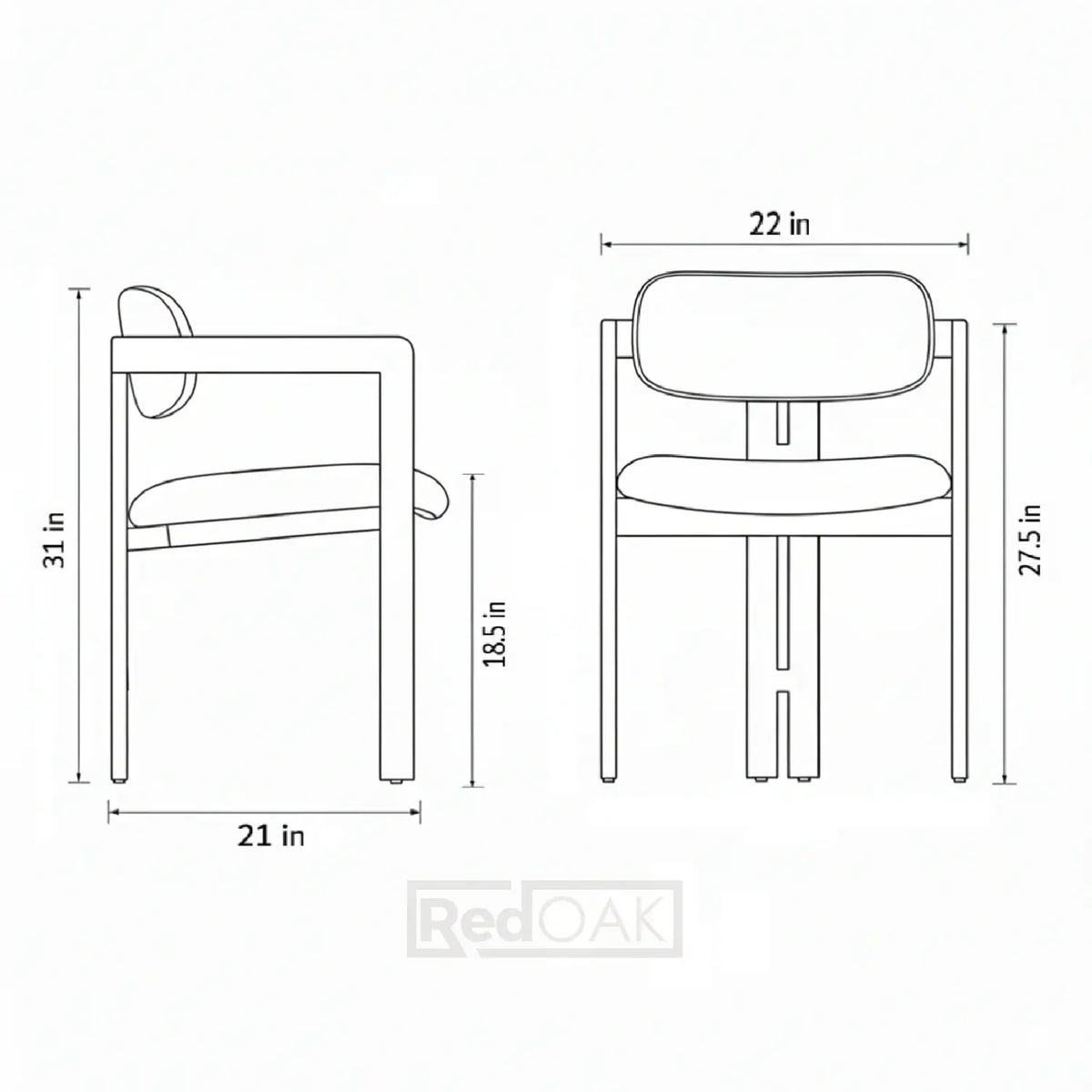 Line drawing of a chair with dimensions labeled